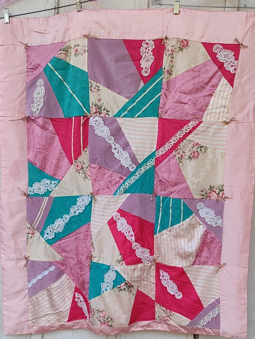 Vintage Handsewn Patchwork Satin Lace Quilt, Grandmacore, Victorian, Cottagecore